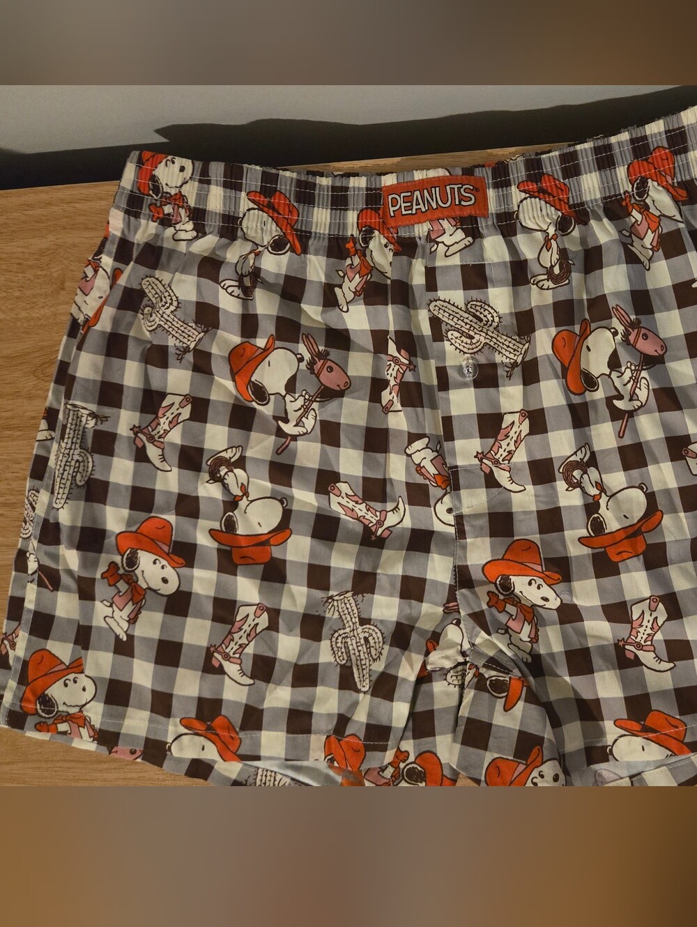 Peanuts Boxers Plum & White Check Shorts with Orange Snoopy Print Western